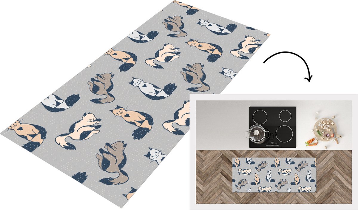 KitchenYeah Keukenloper - Loper keuken - Patroon - Kat - Hart - 120x50 cm - Keukenloper vinyl Multicolor