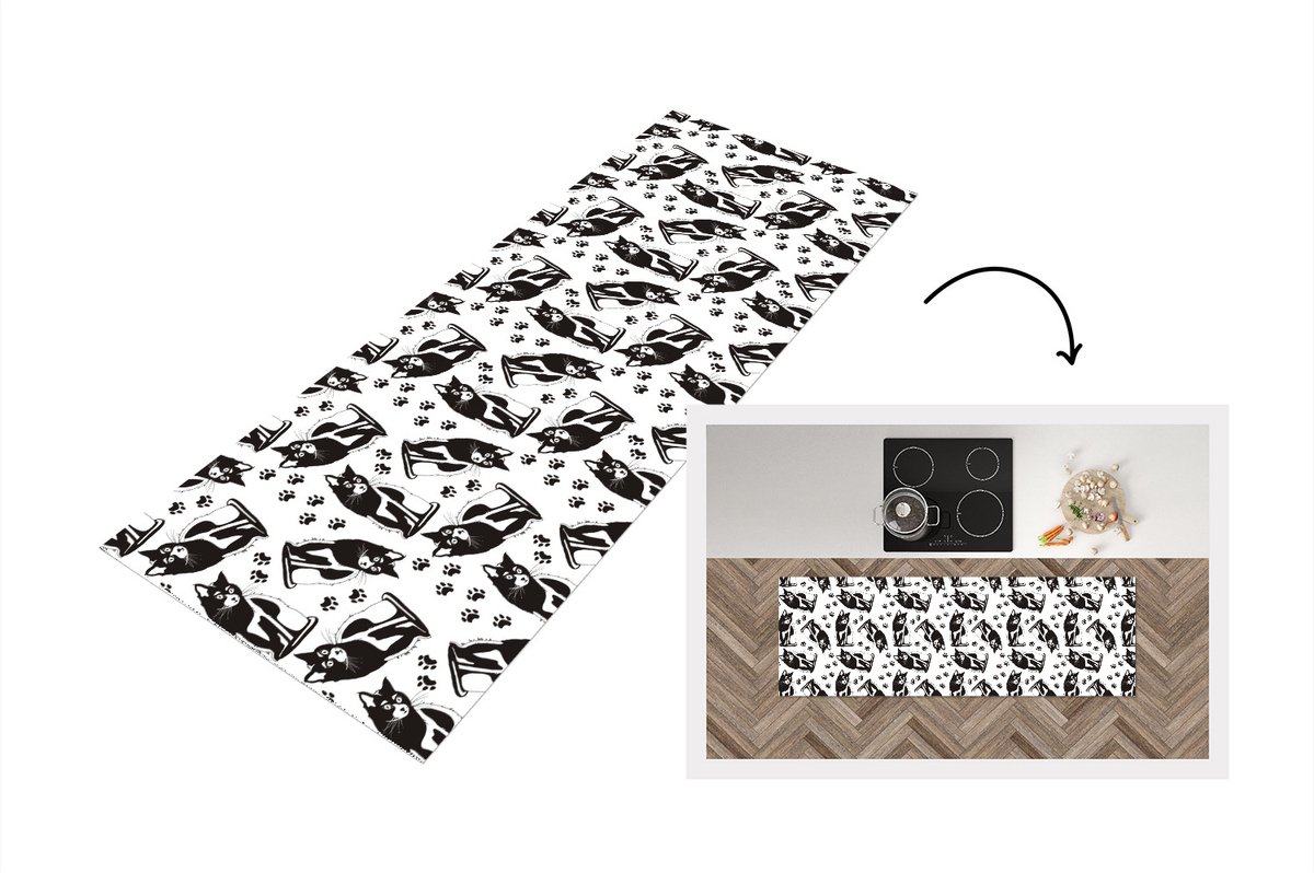 KitchenYeah Keukenloper - Loper keuken - Patronen - Kat - Zwart - Wit - Keukenloper vinyl, foto 2