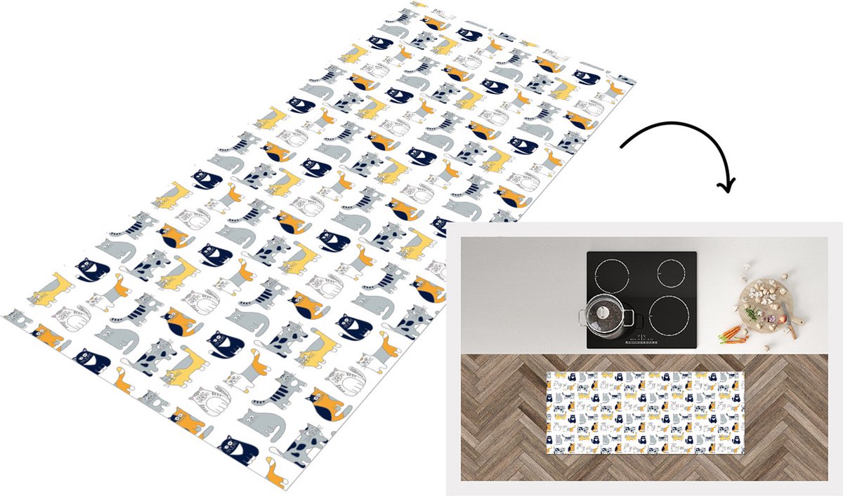 KitchenYeah Keukenloper - Loper keuken - Patroon - Kat - Poes - 120x50 cm - Keukenloper vinyl Multicolor