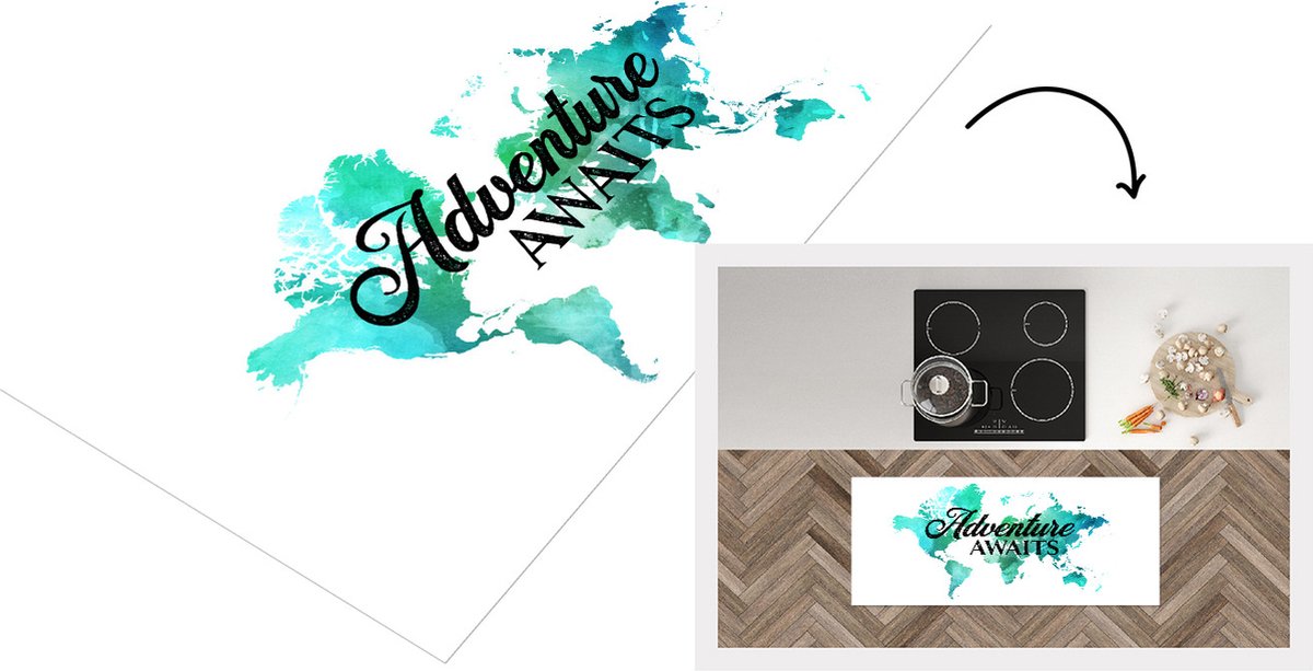 KitchenYeah Keukenloper - Loper keuken - Kaart - Wereld - Quote - Groen - 120x50 cm - Keukenloper vinyl Multicolor