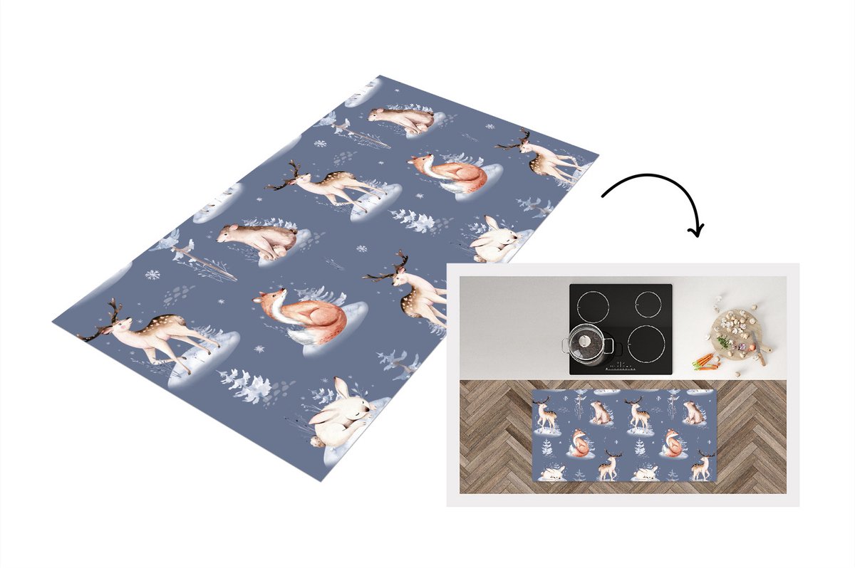 KitchenYeah Keukenloper - Loper keuken - Winter - Patroon - Dieren - 120x60 cm - Keukenloper vinyl Multicolor