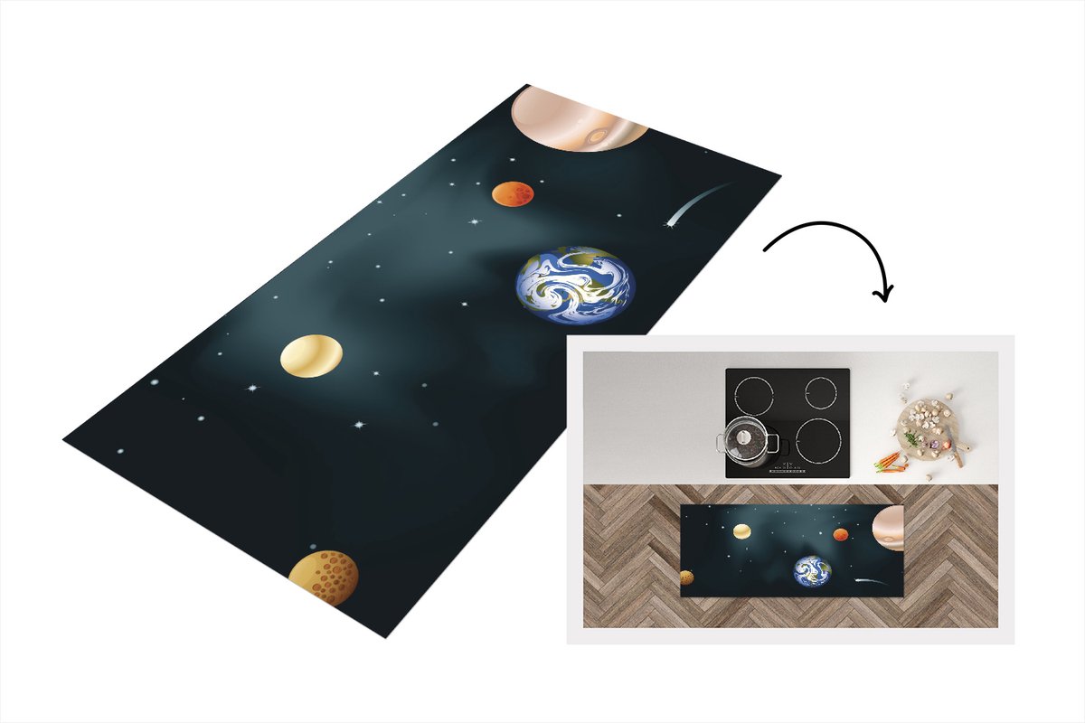 KitchenYeah Keukenloper - Loper keuken - het zonnestelsel met onze planeet - 120x50 cm - Keukenloper vinyl Multicolor