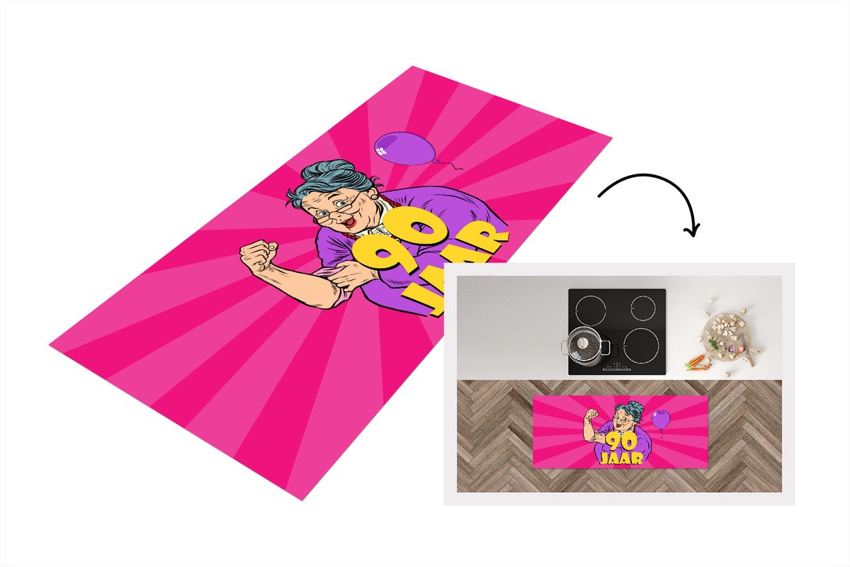 KitchenYeah Keukenloper - Loper keuken - Vrouw - Verjaardag - 90 Jaar - 120x50 cm - Keukenloper vinyl Multicolor