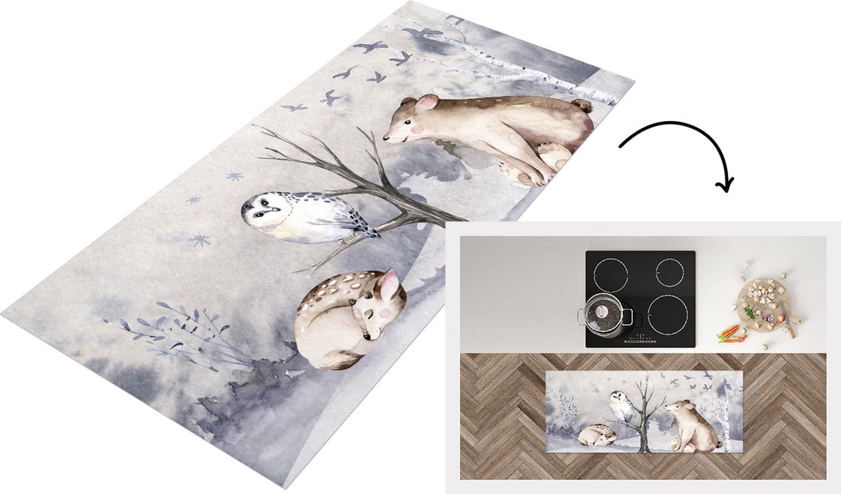 KitchenYeah Keukenloper - Loper keuken - Winter - Bos - Dieren - 120x50 cm - Keukenloper vinyl Multicolor