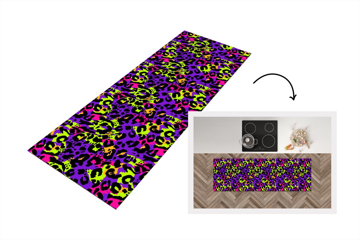 KitchenYeah Keukenloper - Loper keuken - Panterprint - Neon - Paars - Geel - 150x50 cm - Keukenloper vinyl Multicolor