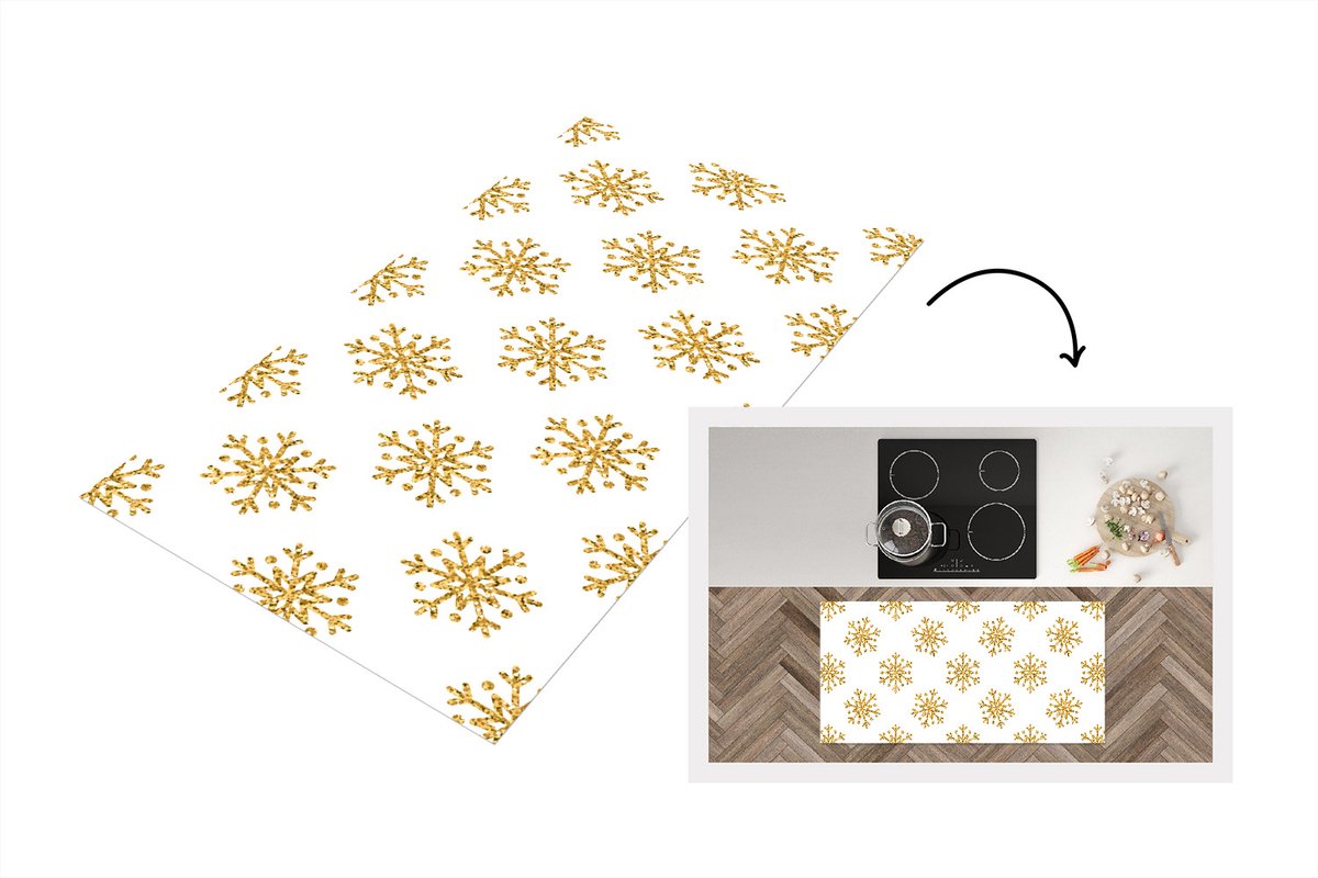 KitchenYeah Keukenloper - Loper keuken - Sneeuwvlok - Gold - Glitter - Kerstmis - Design - 120x60 cm - Keukenloper vinyl Multicolor