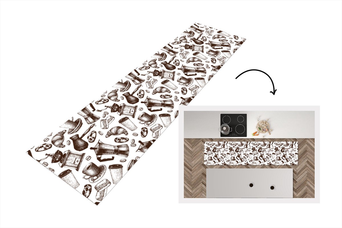 KitchenYeah Keukenloper - Loper keuken - Koffie - Croissant - Patroon - 240x60 cm - Keukenloper vinyl Multicolor