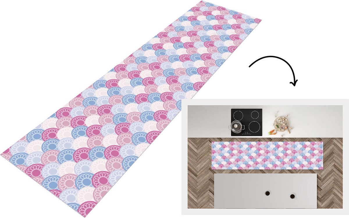 KitchenYeah Keukenloper - Loper keuken - Cirkel - Patroon - Roze - 200x50 cm - Keukenloper vinyl Multicolor