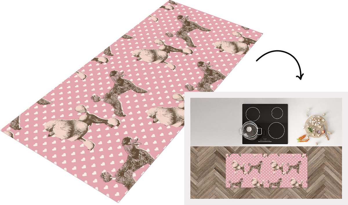 KitchenYeah Keukenloper - Loper keuken - Hart - Poedel - Patroon - 120x50 cm - Keukenloper vinyl Multicolor