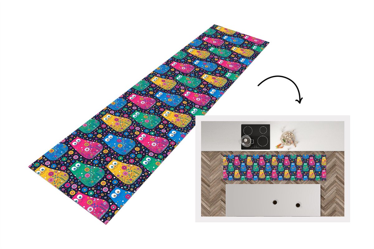 KitchenYeah Keukenloper - Loper keuken - Kat - Regenboog - Bloemen - 240x60 cm - Keukenloper vinyl Multicolor