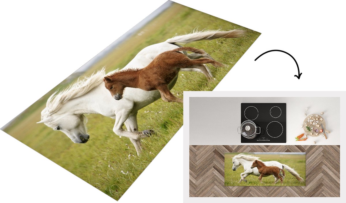 KitchenYeah Keukenloper - Loper keuken - Paarden - Dieren - Gras - 120x50 cm - Keukenloper vinyl Multicolor