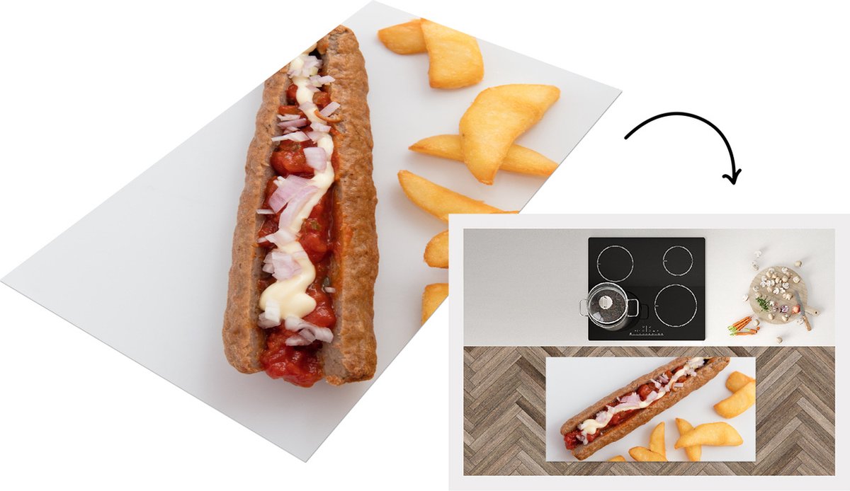 KitchenYeah Keukenloper - Loper keuken - Zalige frikandel speciaal met patat op een wit bord - 120x60 cm - Keukenloper vinyl Multicolor