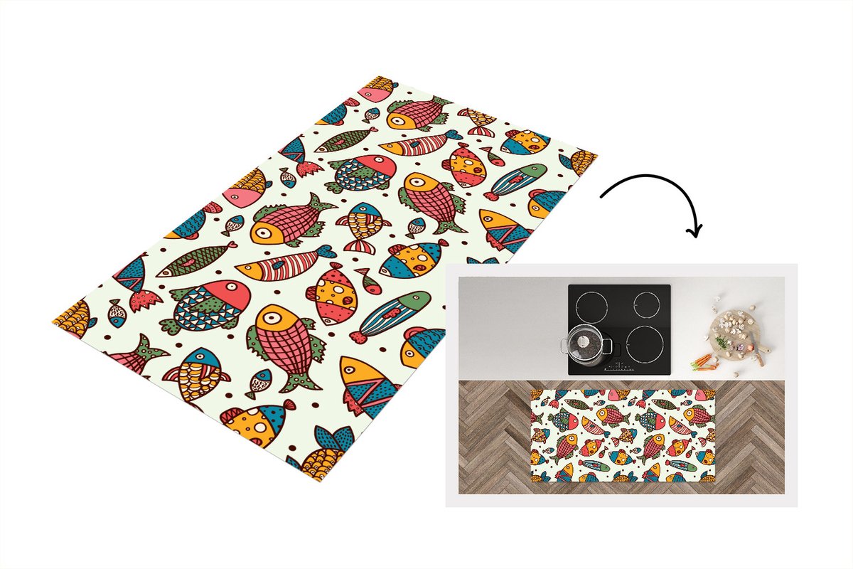 KitchenYeah Keukenloper - Loper keuken - Patroon - Zee - Vis - Zeedieren - 120x60 cm - Keukenloper vinyl Multicolor