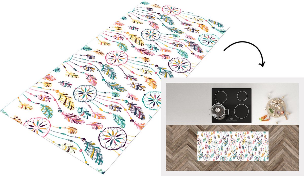 KitchenYeah Keukenloper - Loper keuken - Patroon - Dromenvanger - Veren - Pluimen - 120x50 cm - Keukenloper vinyl Multicolor