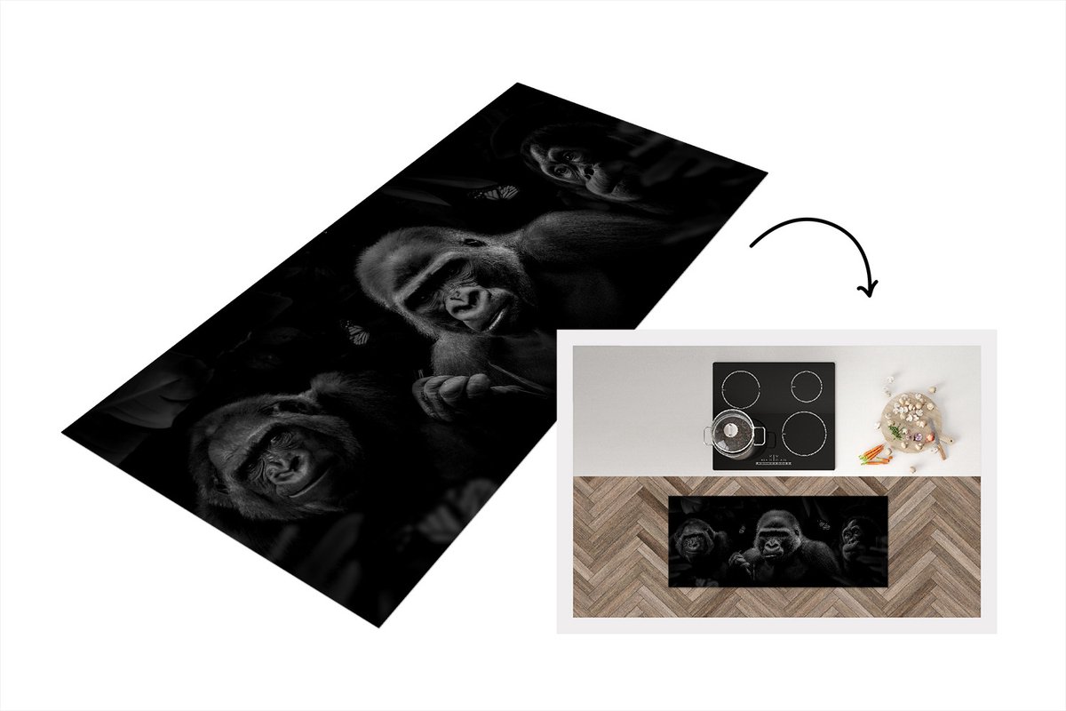 KitchenYeah Keukenloper - Loper keuken - Panorama met gorilla's in de jungle - zwart wit - 120x50 cm - Keukenloper vinyl Zwart; Wit