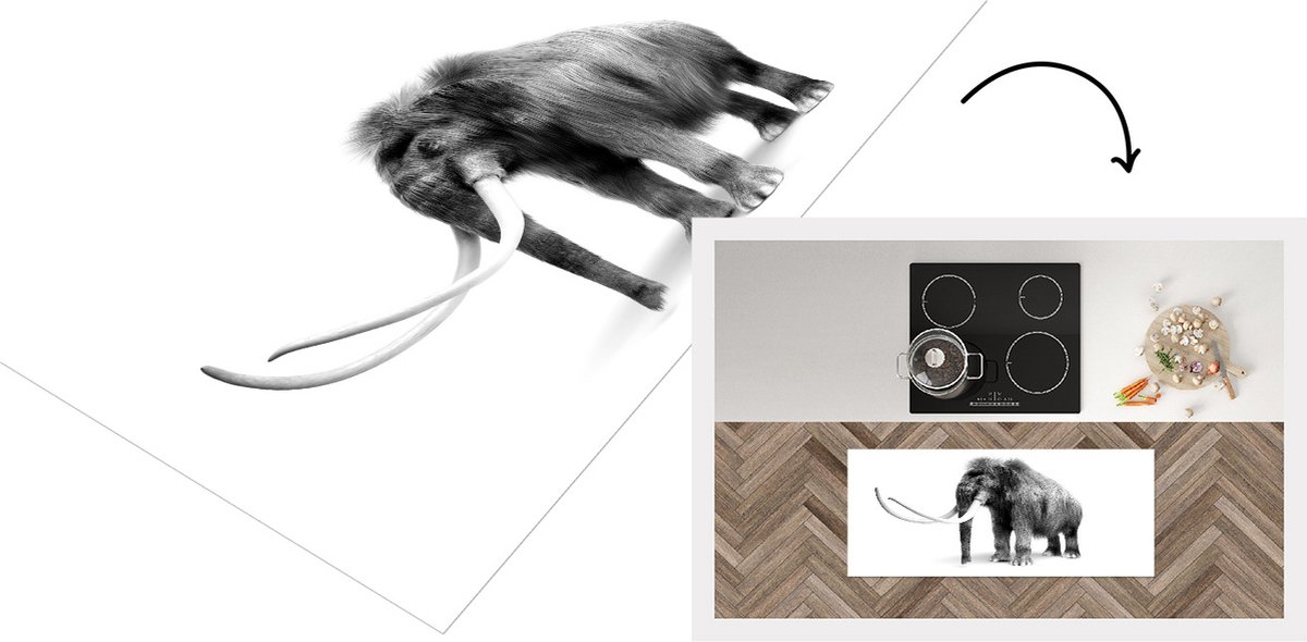 KitchenYeah Keukenloper - Loper keuken - Illustratie van een Mammoet - zwart wit - 120x50 cm - Keukenloper vinyl Zwart; Wit
