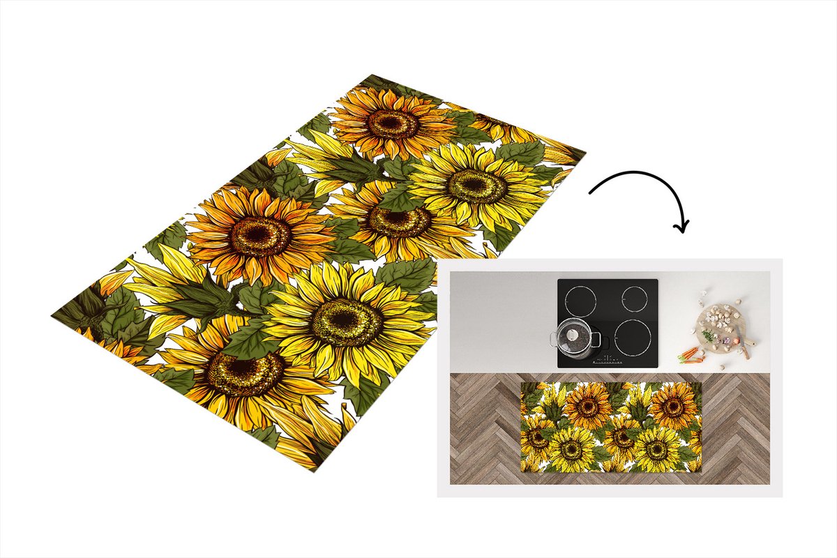 KitchenYeah Keukenloper - Loper keuken - Zonnebloem - Vintage - Design - 120x60 cm - Keukenloper vinyl Multicolor