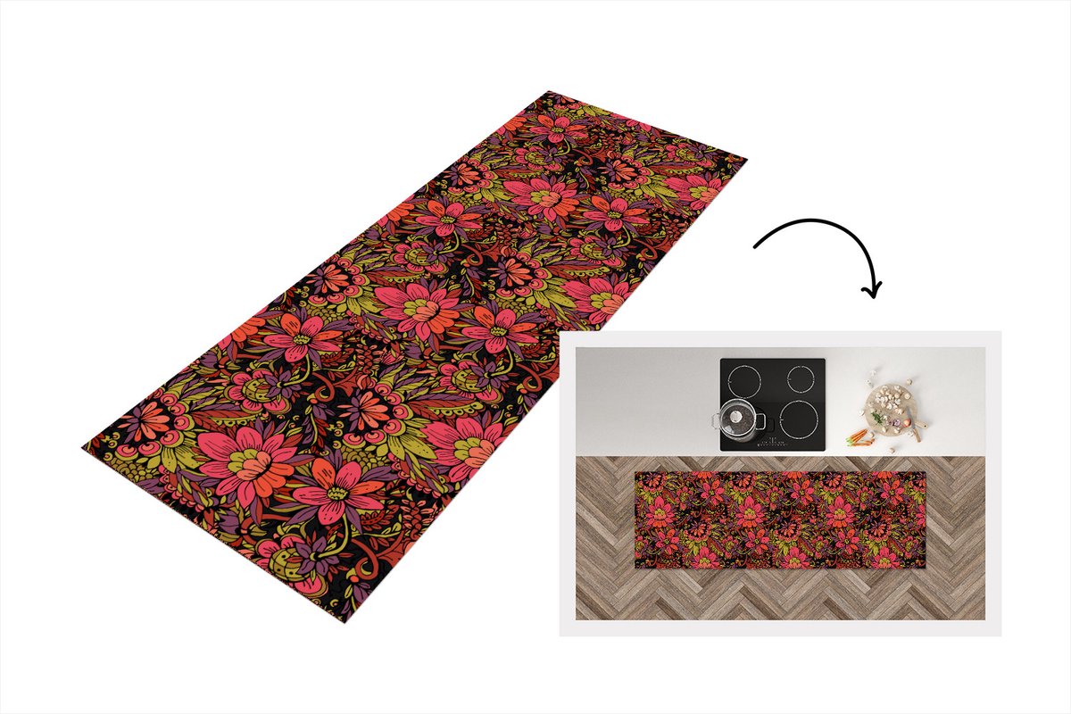 KitchenYeah Keukenloper - Loper keuken - Bloemen - Bladeren - Design - 150x50 cm - Keukenloper vinyl Multicolor