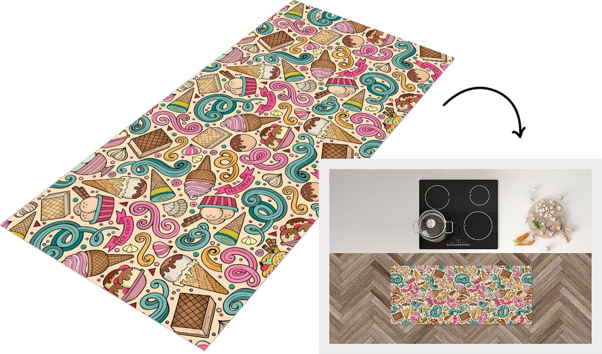 KitchenYeah Keukenloper - Loper keuken - Patroon - Wafel - IJs - 120x50 cm - Keukenloper vinyl Multicolor