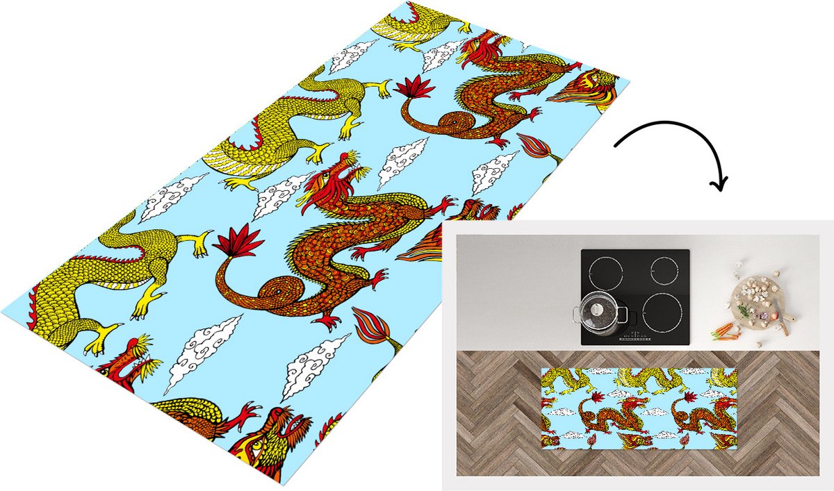 KitchenYeah Keukenloper - Loper keuken - Draak - Chinees - Patronen - 120x50 cm - Keukenloper vinyl Multicolor