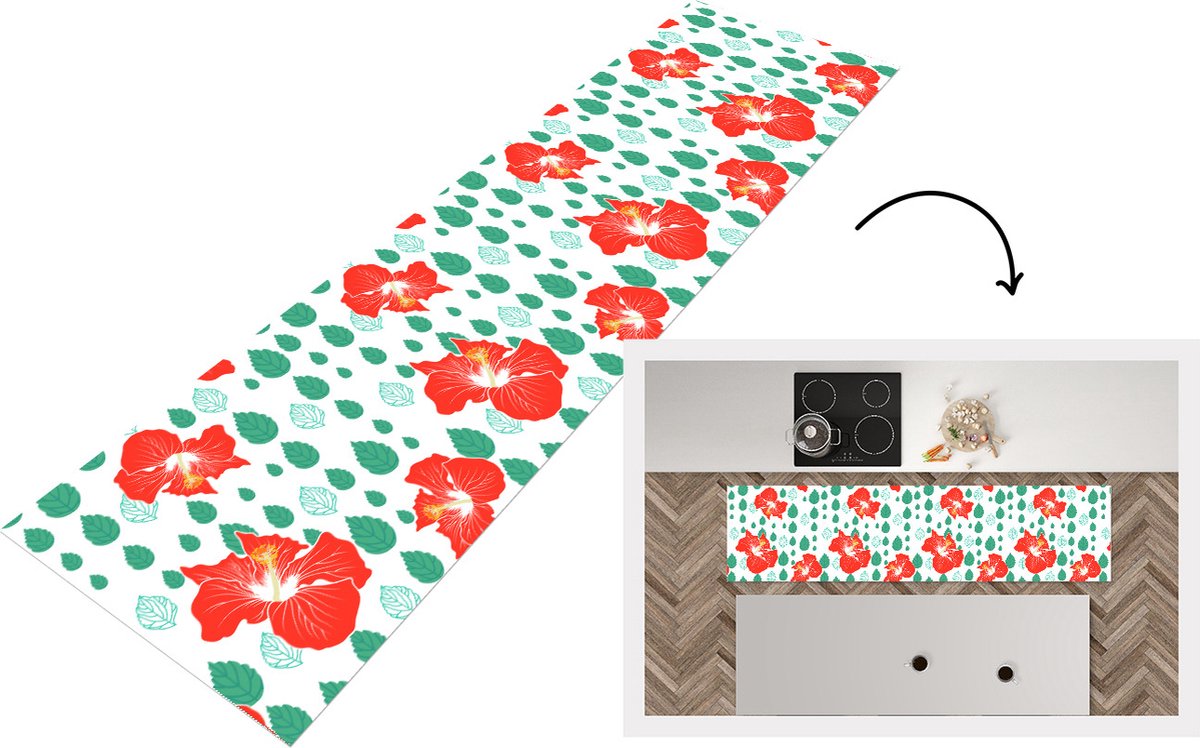 KitchenYeah Keukenloper - Loper keuken - Hibiscus - Patronen - Hawaii - Bladeren - Bloem - 200x50 cm - Keukenloper vinyl Multicolor