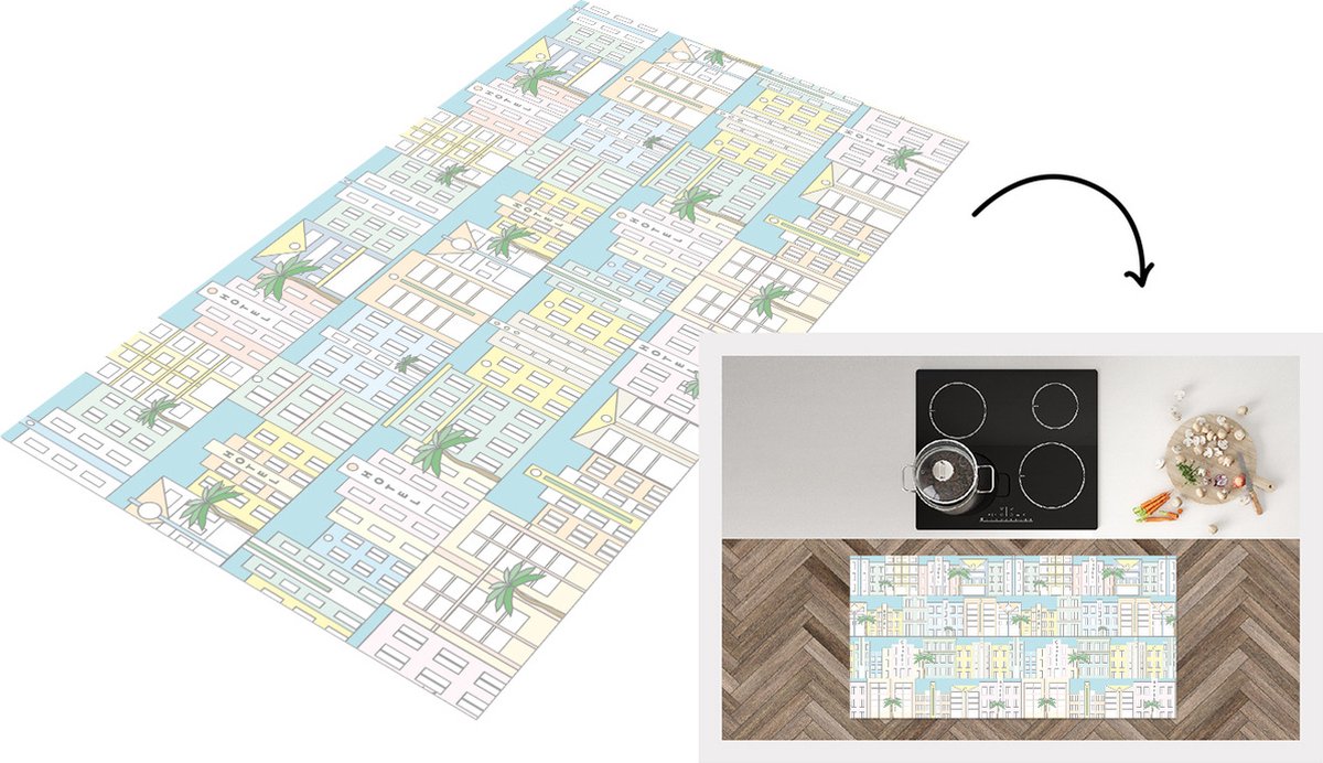 KitchenYeah Keukenloper - Loper keuken - Miami - Skyline - Patroon - USA - 120x60 cm - Keukenloper vinyl Multicolor