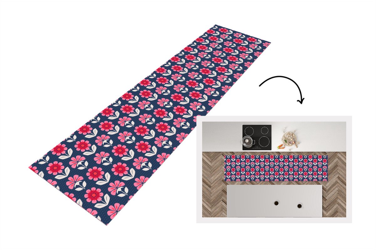 Keukenloper - Loper keuken - Bloemen - Patroon - Rood - 240x60 cm - Keukenloper vinyl