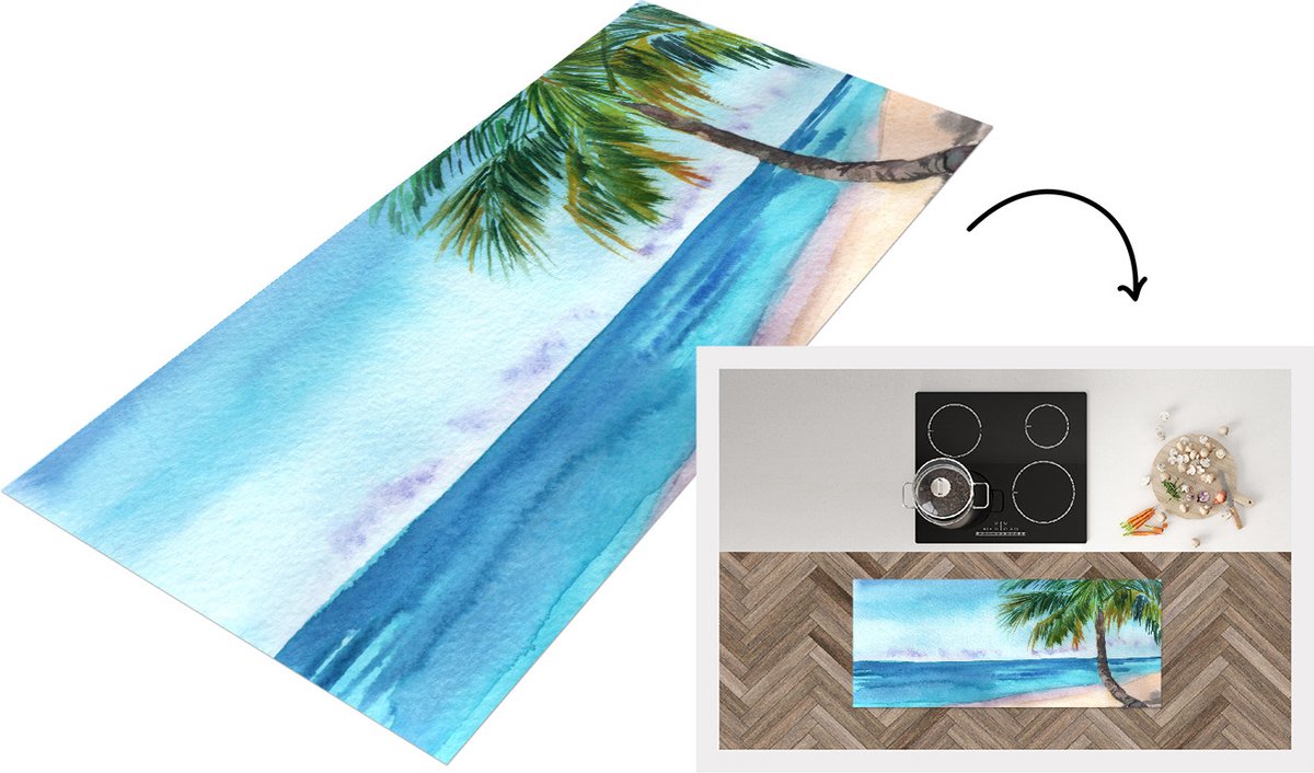 KitchenYeah Keukenloper - Loper keuken - Palmboom - Zee - Strand - 120x50 cm - Keukenloper vinyl Multicolor