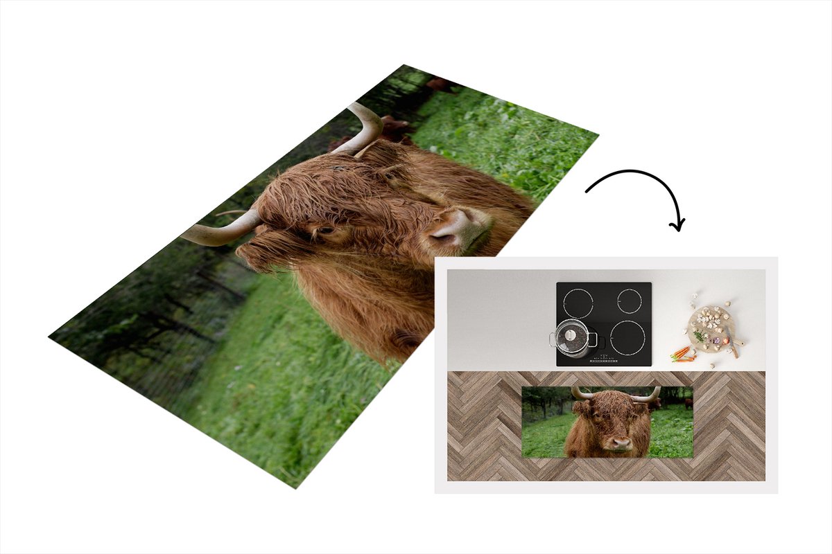 KitchenYeah Keukenloper - Loper keuken - Schotse Hooglander - Dieren - Gras - 120x50 cm - Keukenloper vinyl Multicolor