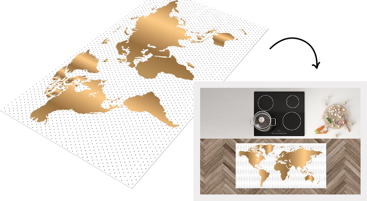 KitchenYeah Keukenloper - Loper keuken - Wereldkaart - Goud - Stippen - Keukenloper vinyl, foto 2