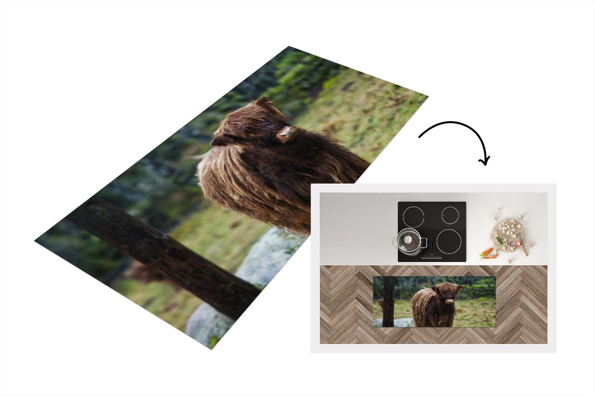 KitchenYeah Keukenloper - Loper keuken - Schotse Hooglander - Bos - Mos - 120x50 cm - Keukenloper vinyl Multicolor