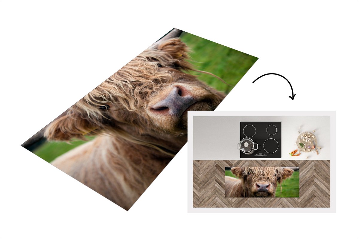 KitchenYeah Keukenloper - Loper keuken - Schotse Hooglander - Gras - Bos - 120x50 cm - Keukenloper vinyl Multicolor