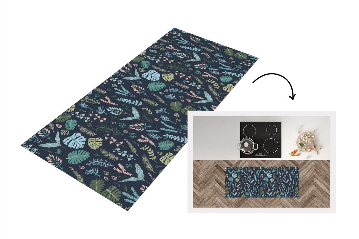 KitchenYeah Keukenloper - Loper keuken - Patroon - Jungle - Monstera - Bloemen - 120x50 cm - Keukenloper vinyl Multicolor