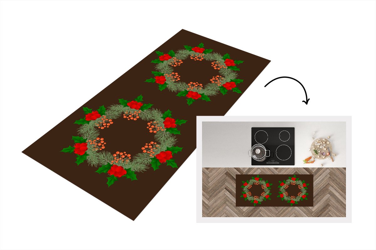 KitchenYeah Keukenloper - Loper keuken - Kerstkrans - Hulst - Patronen - Keukenloper vinyl Multicolor