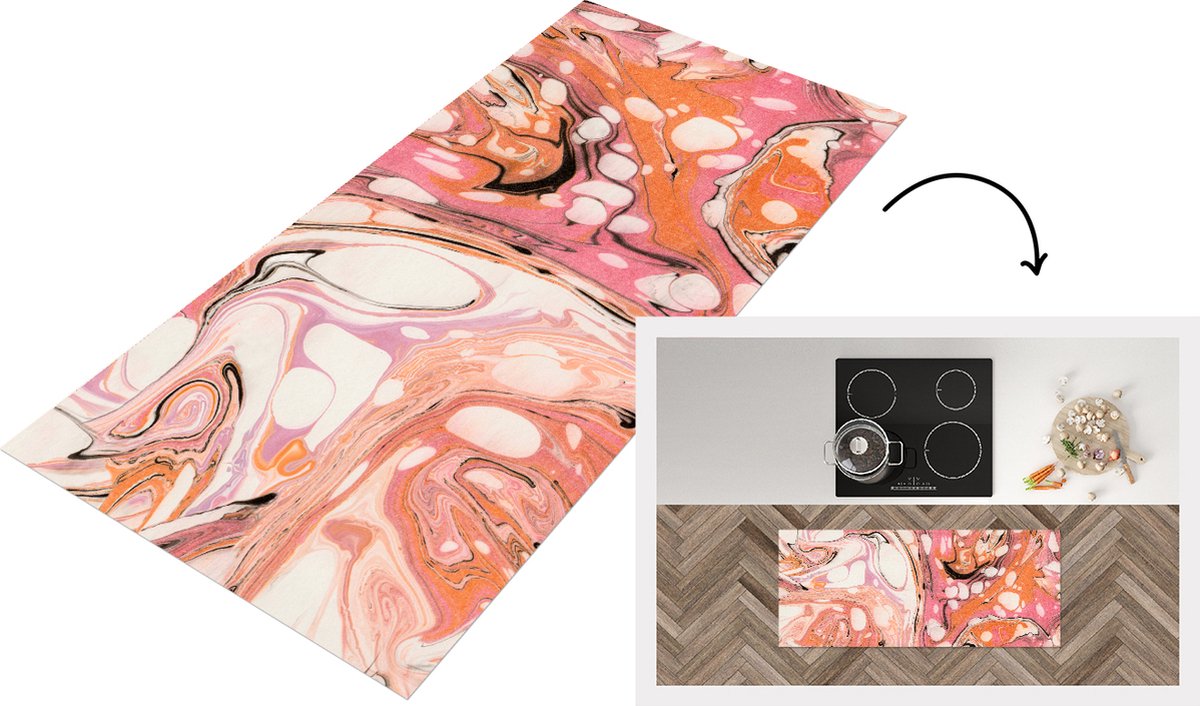 KitchenYeah Keukenloper - Loper keuken - Marmer - Oranje - Bellen - Keukenloper vinyl Multicolor