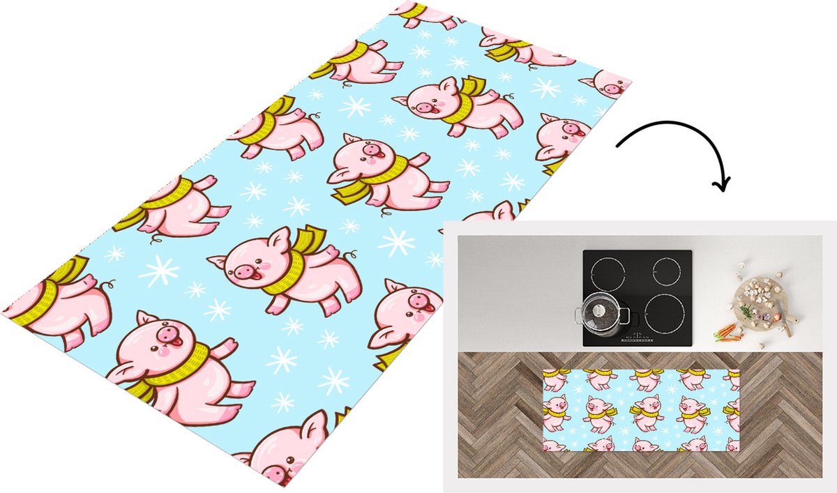 KitchenYeah Keukenloper - Loper keuken - Varken - Sjaal - Kinderen - Kerst - Patronen - 120x50 cm - Keukenloper vinyl Multicolor