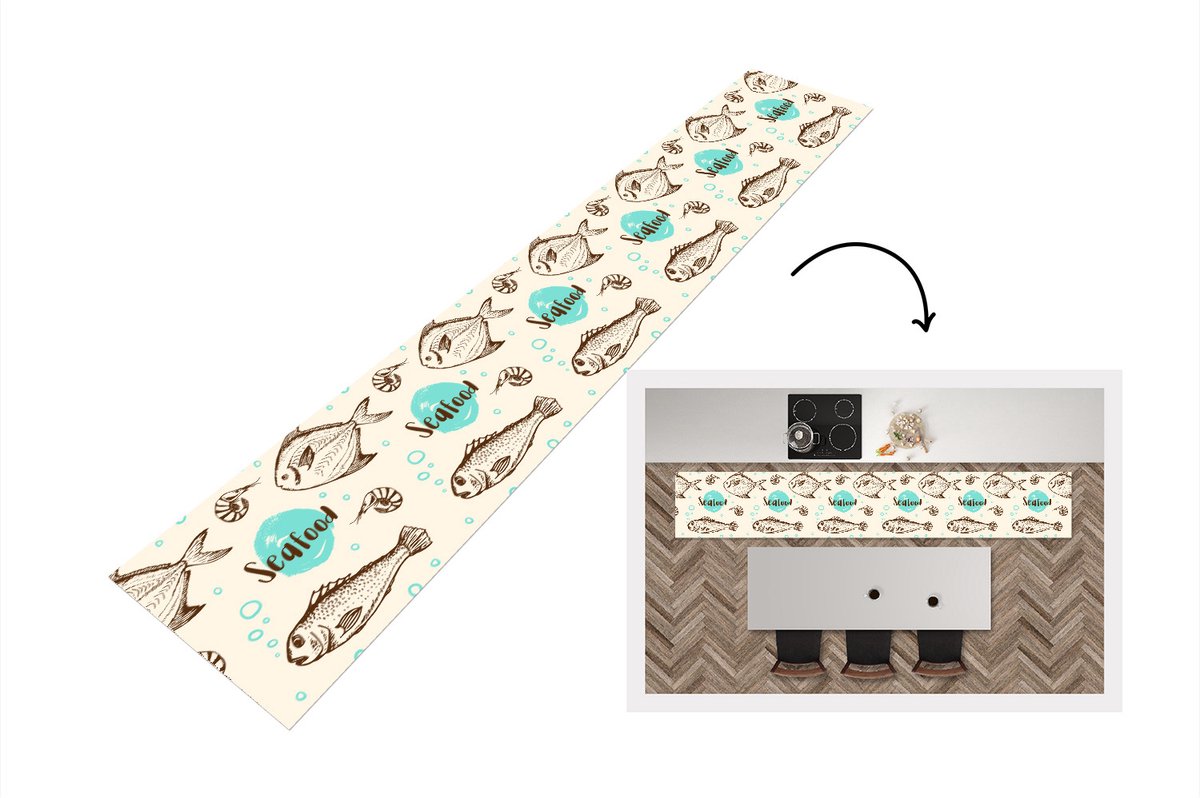KitchenYeah Keukenloper - Loper keuken - Eten - Patronen - Vissen - 300x50 cm - Keukenloper vinyl Multicolor
