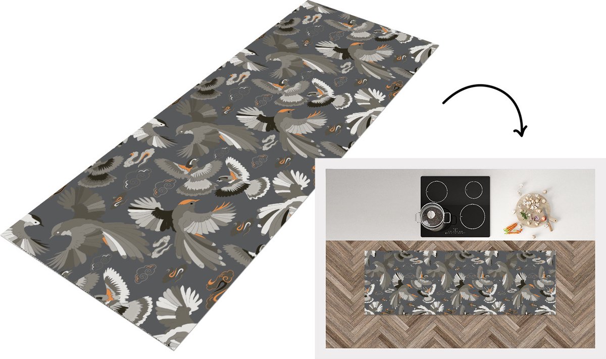 KitchenYeah Keukenloper - Loper keuken - Vogel - Patroon - Wolken - 150x50 cm - Keukenloper vinyl Multicolor