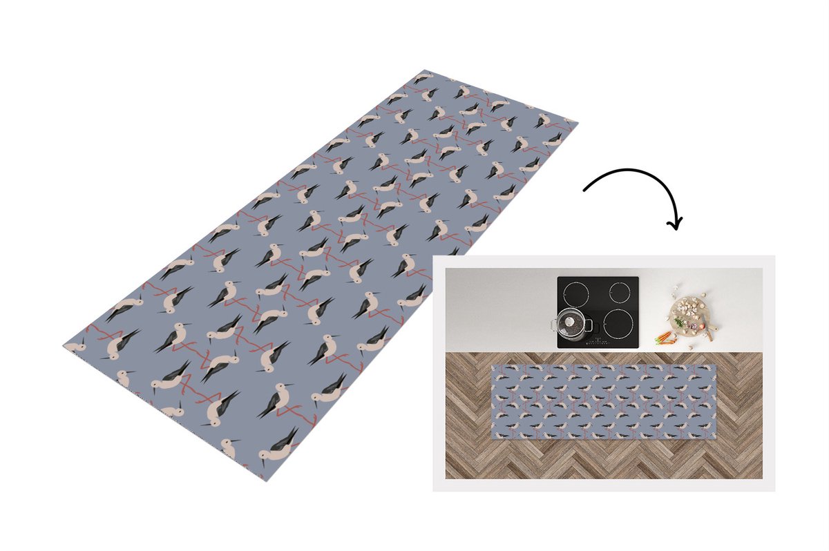 KitchenYeah Keukenloper - Loper keuken - Vogel - Ooievaar - Patroon - 180x60 cm - Keukenloper vinyl Multicolor