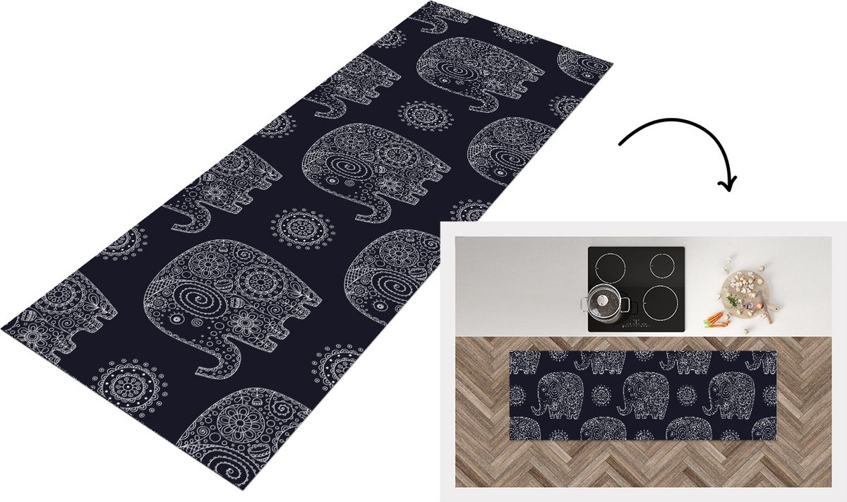 KitchenYeah Keukenloper - Loper keuken - Patroon - Olifant - Bloemen - 150x50 cm - Keukenloper vinyl Multicolor