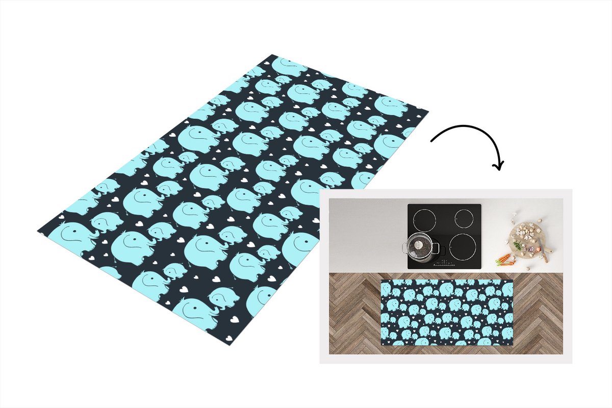 KitchenYeah Keukenloper - Loper keuken - Patronen - Olifant - Hart - 120x60 cm - Keukenloper vinyl Multicolor