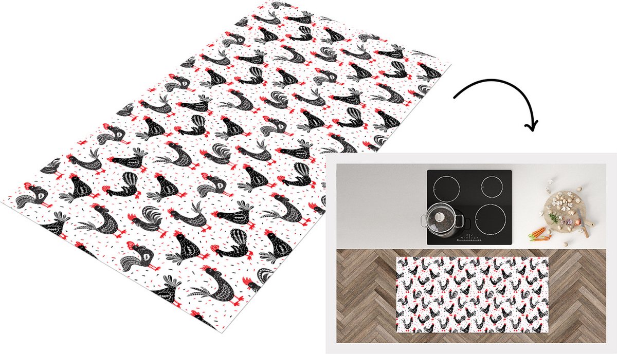 KitchenYeah Keukenloper - Loper keuken - Patroon - Kip - Vogel - 120x60 cm - Keukenloper vinyl Multicolor