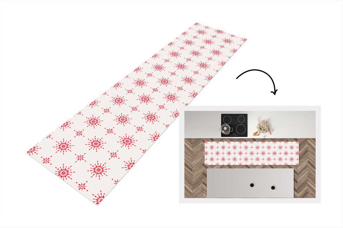 KitchenYeah Keukenloper - Loper keuken - Sterren - Rood - Winter - Kerst - Patronen - 200x50 cm - Keukenloper vinyl Multicolor