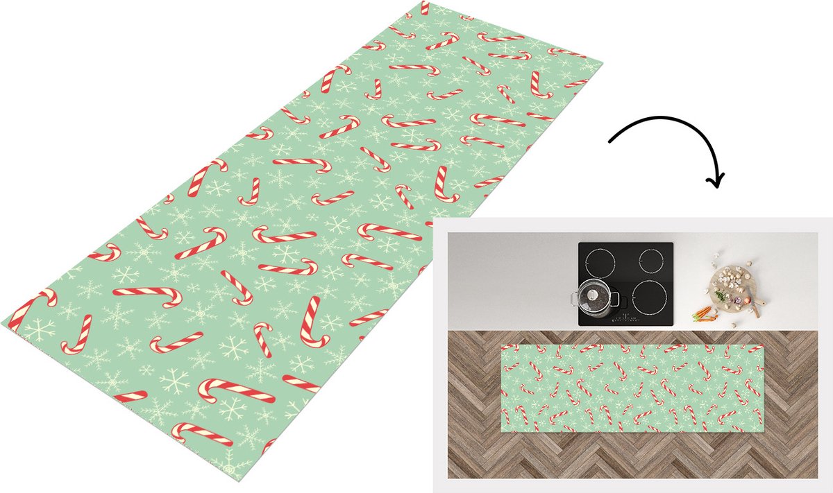 KitchenYeah Keukenloper - Loper keuken - Zuurstok - Kerst - Sneeuwvlok - Patronen - 150x50 cm - Keukenloper vinyl Multicolor