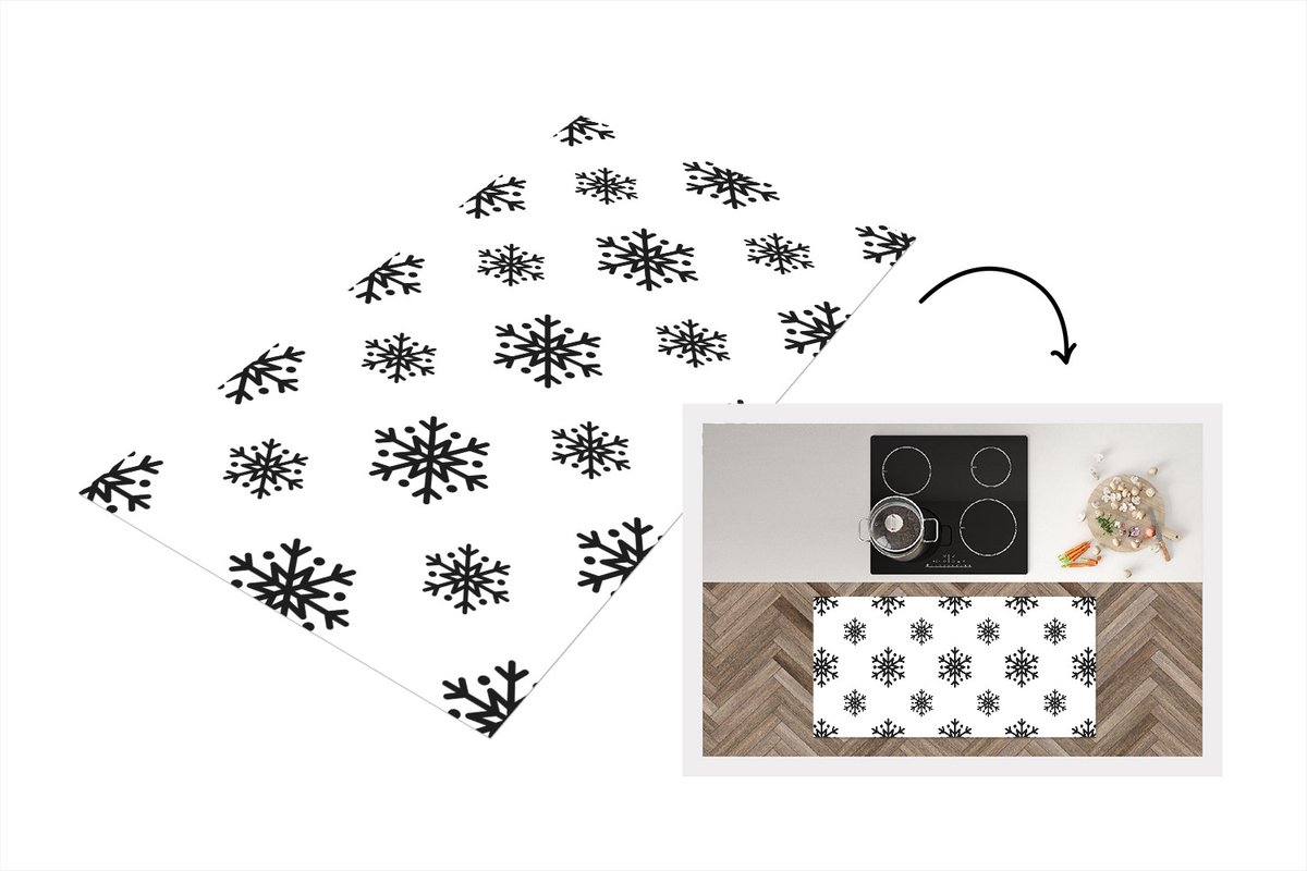 KitchenYeah Keukenloper - Loper keuken - Sneeuwvlok - Winter - Zwart - Wit - Patronen - 120x60 cm - Keukenloper vinyl Multicolor