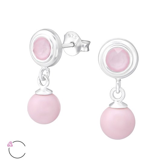 Joy|S - Zilveren Swarovski parel oorbellen roze -  7 x 18 mm - oorhangers/ oorstekers