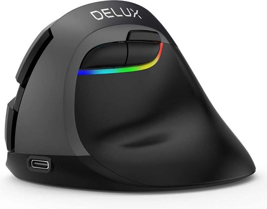 DELUX verticale muis Draadloos, ergonomische muis met BT 4.0 en 2.4G draadloze dual-modus, ingebouwde oplaadbare batterij, stil ontwerp, 6 knoppen en 4 dpi niveaus, optische pc-muis met RGB-licht(mini)