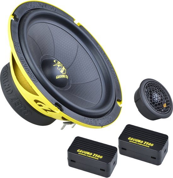 Ensemble compo avec haut-parleur jaune, tweeter noir et deux crossovers noirs.