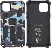 Hoesje Geschikt voor iPhone 12 (Pro) Hoesje - Rugged Extreme Backcover Camouflage met Kickstand - Paars