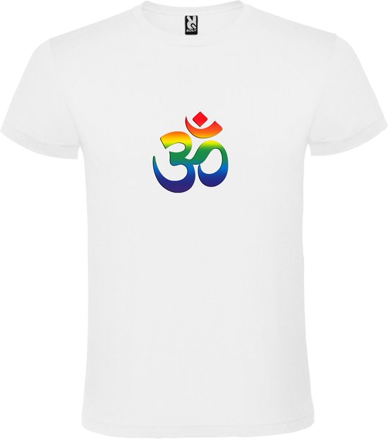 Wit T shirt met print van "Oem / Ohm teken in regenboogkleuren " print Multicolor size XXL